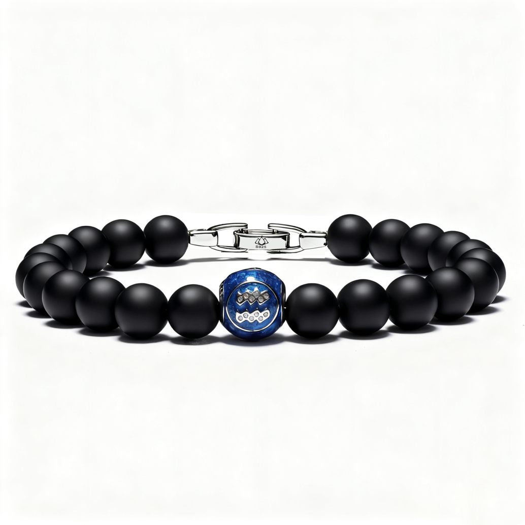 Men’s black onyx Aquarius bracelet with 925 silver zodiac bead