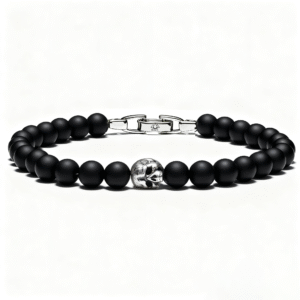 Men’s black onyx skull bracelet with 925 sterling silver charm