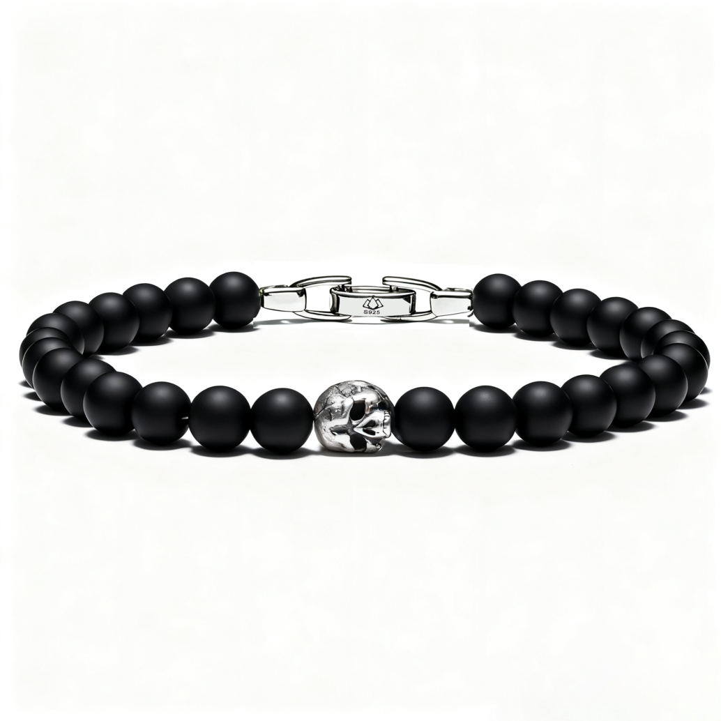 Men’s black onyx skull bracelet with 925 sterling silver charm