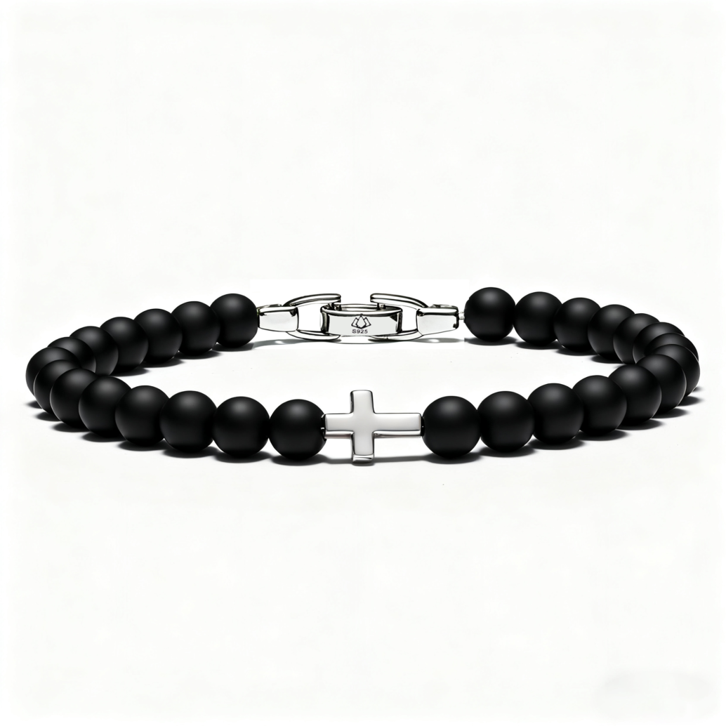 men’s black onyx cross bracelet 6mm handmade