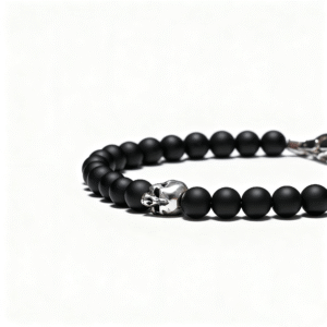 Black onyx skull bracelet for men with 6mm natural beads
