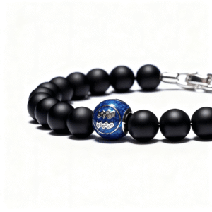 Black onyx bracelet for men featuring Aquarius zodiac charm