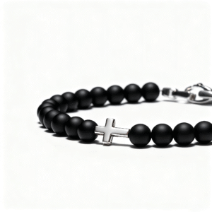 men’s black onyx bracelet cross detail close up