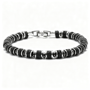 Men’s lava stone block fortress bracelet with 6mm natural beads, handmade for strength and grounding