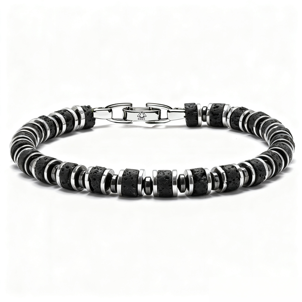 Men’s lava stone block fortress bracelet with 6mm natural beads, handmade for strength and grounding
