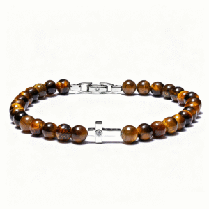Men’s Genesis Cross Tiger Eye bracelet with genuine diamond centerpiece, 6mm natural beads