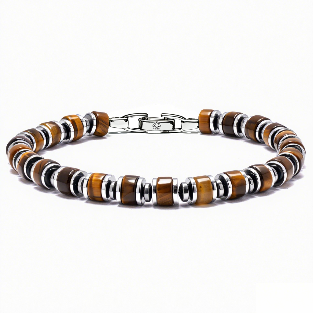 Men’s block fortress tiger eye bracelet with 6mm natural beads