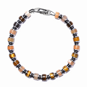 Close-up of pink brown stone beads block fortress bracelet