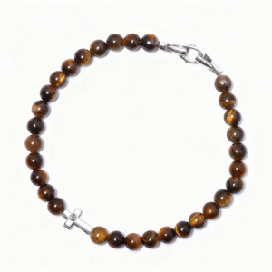Handmade men’s Tiger Eye bracelet featuring Genesis Cross design and genuine diamond