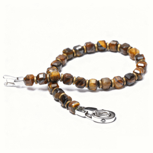 Men’s block style tiger eye bracelet close-up bead detail