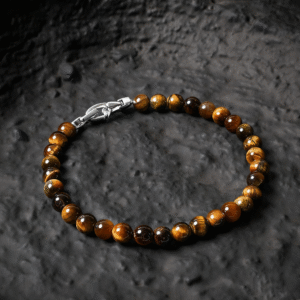 Close-up of natural yellow tiger eye beads showing texture and color details
