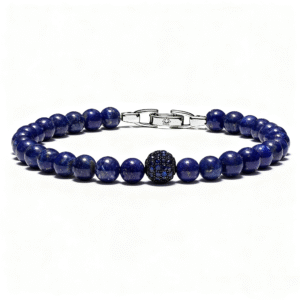 Men’s Lapis Lazuli Diamond Bracelet with 6mm natural blue beads on white background