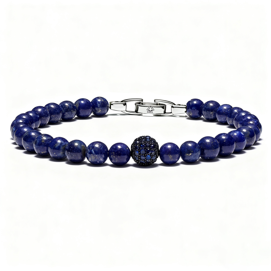 Men’s Lapis Lazuli Diamond Bracelet with 6mm natural blue beads on white background