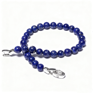 Close-up of men’s lapis lazuli bracelet highlighting natural blue stone texture