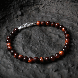 Close-up of red tiger eye beads highlighting natural color variation and stone pattern
