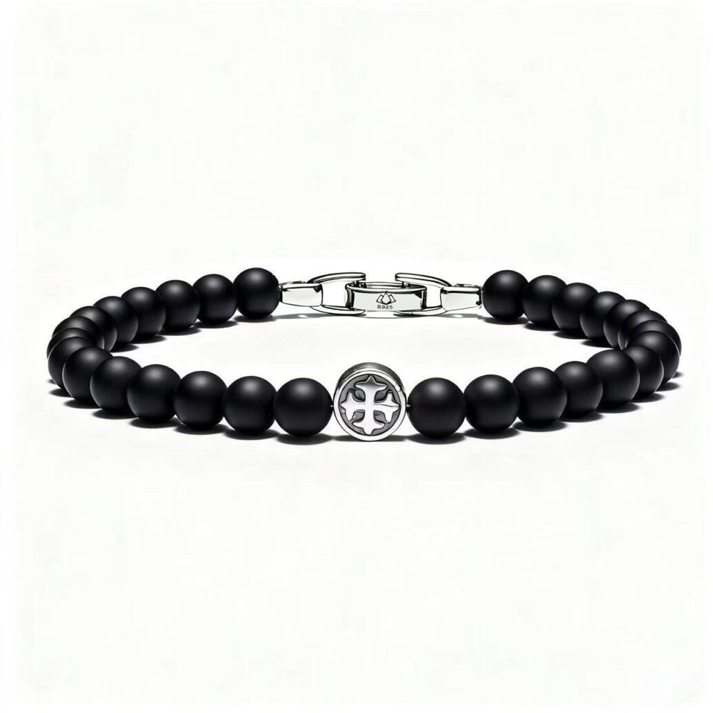 Men’s black onyx cross bracelet with round cross bead