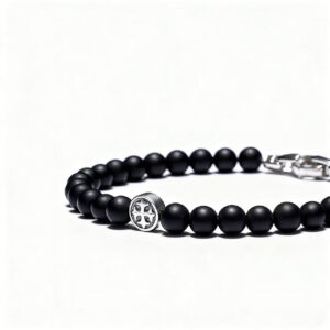 Men’s black onyx bracelet with round cross charm detail