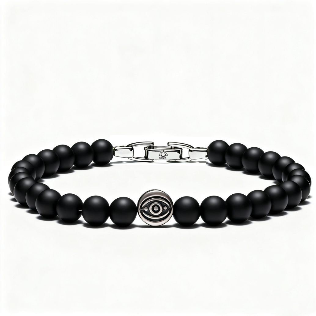 Men’s black onyx evil eye bracelet with 6mm beads