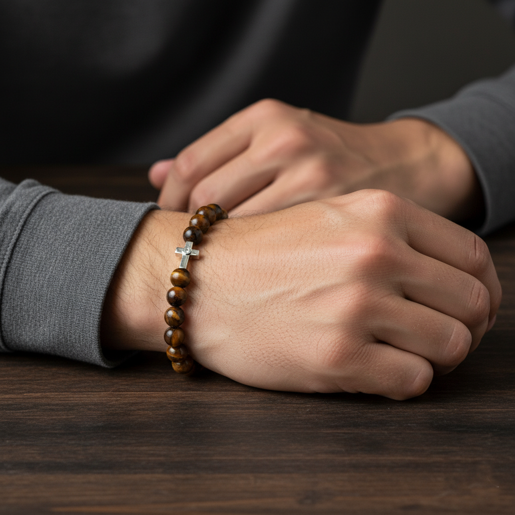 Agarwood bracelet close-up showing grain