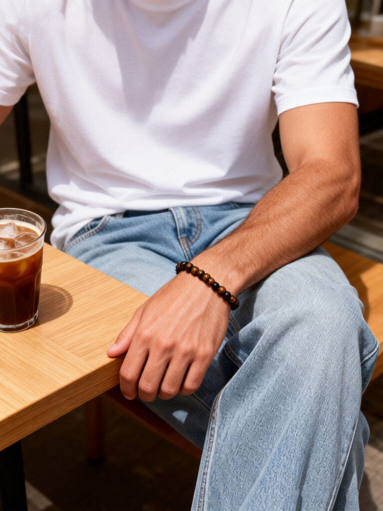 The man is wearing a tiger-eye bracelet
