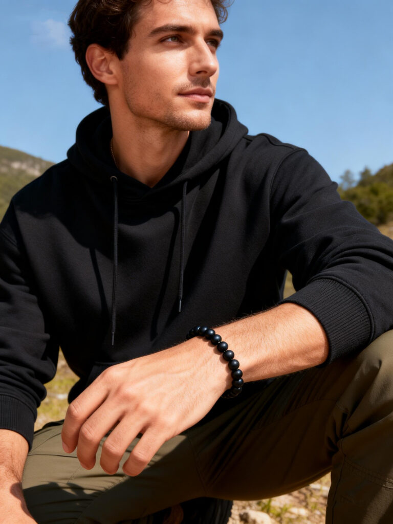 The man is wearing a onyx bracelet