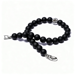 Men’s black onyx evil eye projection bracelet laid flat, natural stone beads and silver clasp