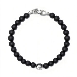 Men’s black onyx evil eye bracelet showing full bead circle and projection charm