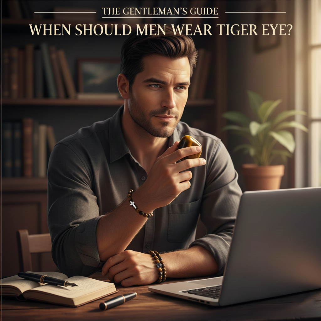The man is wearing a tiger eye stone bracelet.