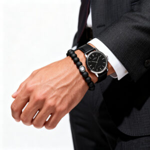 Business man wearing black onyx evil eye projection bracelet with watch, modern masculine style