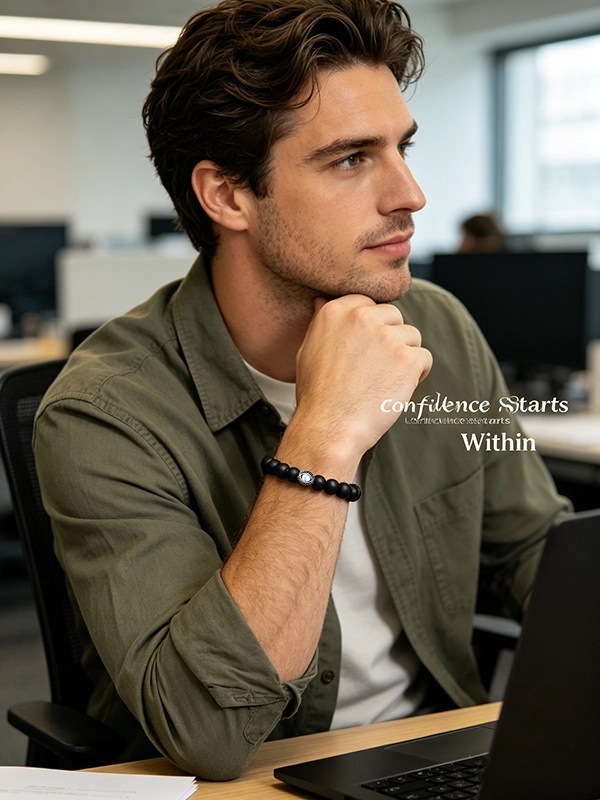 Professional man wearing a black evil eye bracelet while working, representing confidence, focus, and modern masculine style.