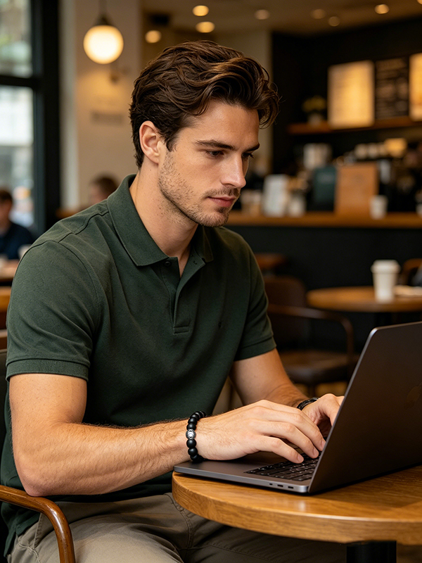 A men's evil eye bracelet beside a laptop and coffee, showing how symbolic jewelry complements everyday routines and modern style.