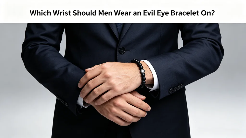 A man wearing a black onyx evil eye bracelet on his wrist, showing how men can wear an evil eye bracelet for protection, confidence, and everyday style.