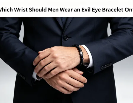 A man wearing a black onyx evil eye bracelet on his wrist, showing how men can wear an evil eye bracelet for protection, confidence, and everyday style.